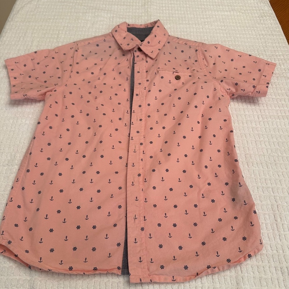 Eighty Eight Boys Shirt Size 10 12 Pink Anchor Ships Wheel Button Down Kids Fun